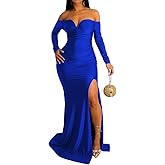 A ADILACA Women's Sexy V-Neck Off Shoulder High Split Formal Party Maxi Dress