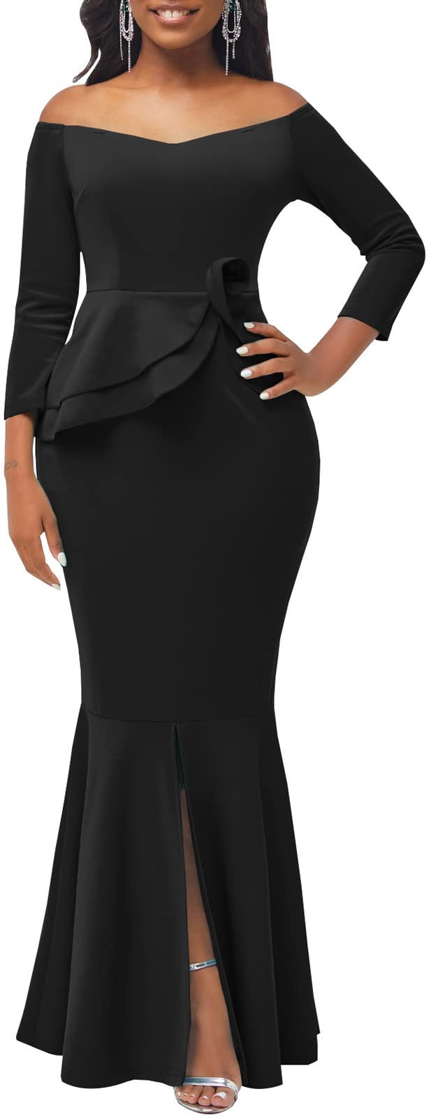 Black Bodycon Off Shoulder Maxi Dresses for Women Sexy Long Sleeve ...
