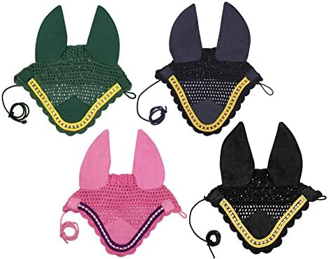 Paris Tack Premium Show Crochet Horse Fly Veil Bonnet with Crystal Brow and Soft Knit Ears - Provides Protection from Insects without Impairing Vision