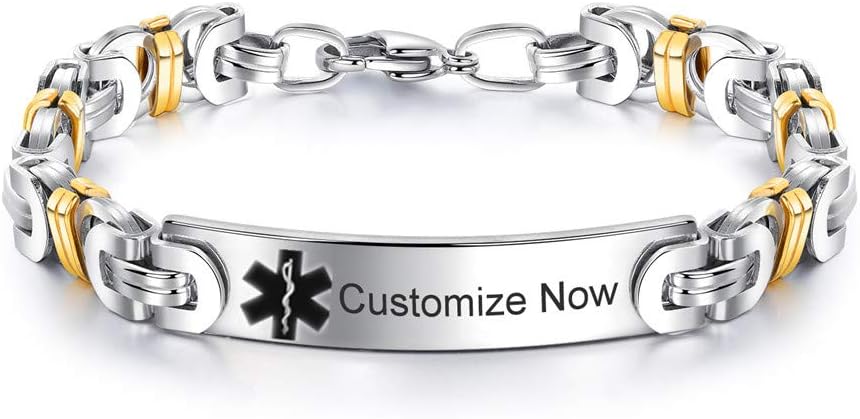 LF Personalized Custom Stainless Steel Medical Alert Allergy Awareness Byzantine Bracelet for Women Men Disease Identification ID Bangle Emergency Life Save for Mom,Dad,Son,Daughter,Free Engrave