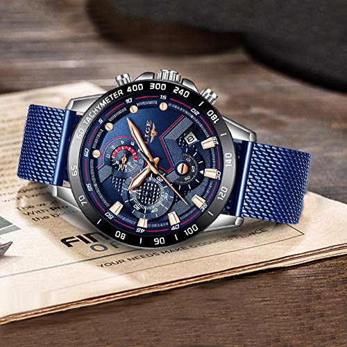 LIGE - Reloj de pulsera analógico para hombre, resistente al agua, de acero inoxidable, cuarzo, con cronógrafo y correa milanesa - Imagen 3