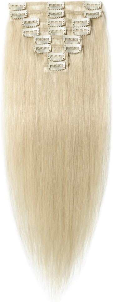 S-noilite 22inch Real Human Hair Clip in Extension 75g 8pcs 18 Clips Wefted Full Head Remy Hair Extensions Clipin Balayage Ombre Silky Straight Natural Ends Clip in Human Hair #60 Platinum Blonde