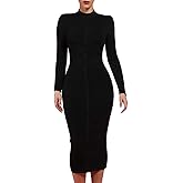 whoinshop Women's Cross Strap Ribbed Bandage Long Sleeve Midi Fall Winter Bodycon Party Dress