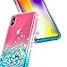 iPhone Xs Max Case with Tempered Glass Screen Protector for Girls Women, NageBee Glitter Bling Liquid Floating Quicksand Waterfall Sparkle Durable Cute Case for iPhone Xs MAX 6.5 inch -Pink/Aqua