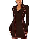 BYDIVA Women Long Sleeve Bodycon Dress Zipper Fitness Mini Dresses Thumb Hole