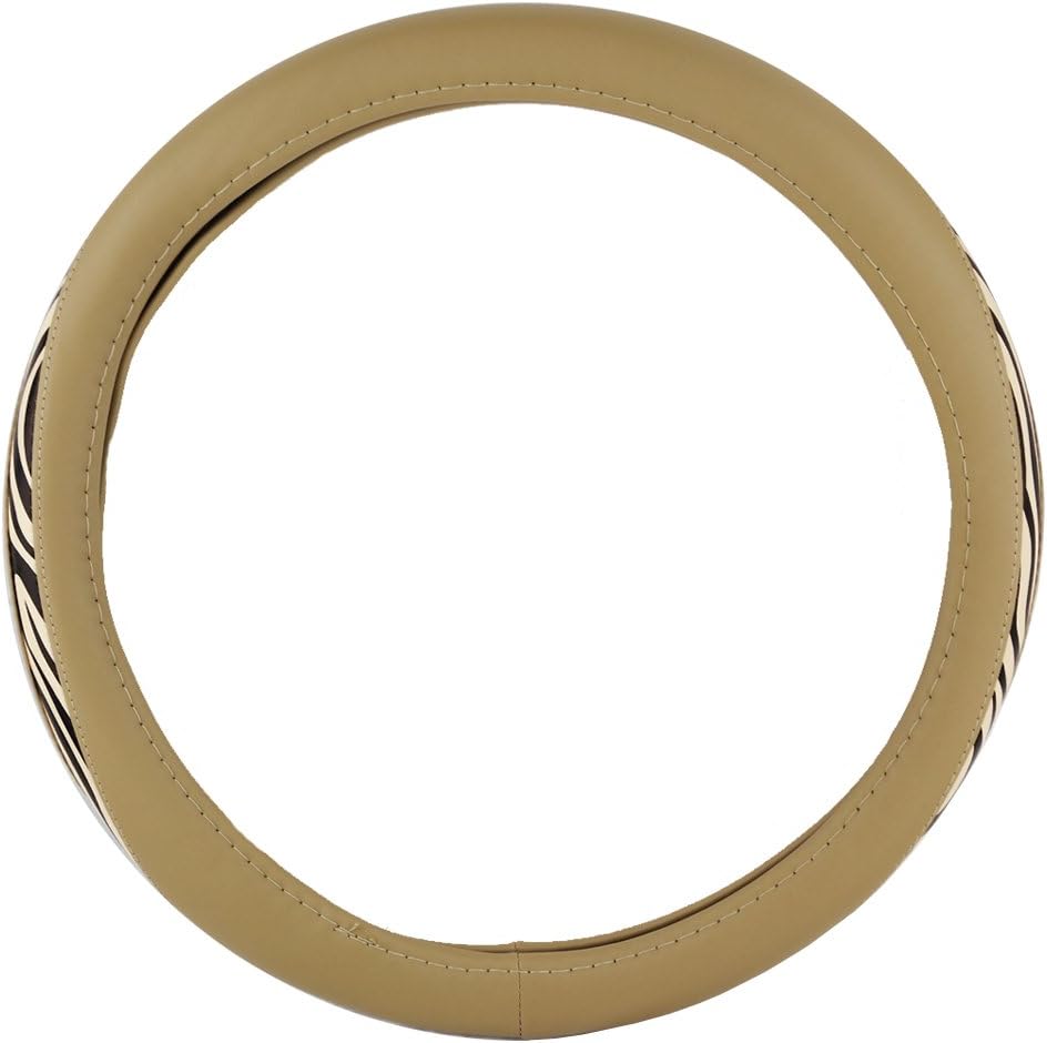 KM World Beige 14.5-15 Inch PU Leather Steering Wheel Cover with Zebra Stripes Along Outer Rim, Fits Audi a4 a5 a6 a7 a8 q7 q5