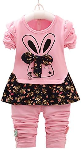 2016 2pcs Little Girls Clothing Sets Long Sleeve Shirt Dress+ Stripped Pants Pink2 M/80(Advice 12-18 months)