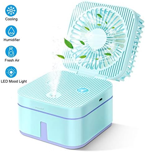 Housegaga Mini Desktop Misting Fan-USB Desk Table Fan Cooling Fan Handheld Portable Quiet-Mist Spray Humidifier Fan USB Powered-3 Speed LED Light for Bedroom Nightstand Home Office Travel, Blue