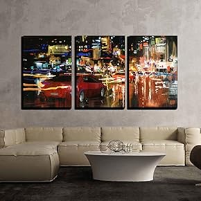 3 Piece Canvas Wall Art - Digital Painting of City Street at Night with Colorful Lights. - Modern Home Art Stretched and Framed Ready to Hang - 16"x24"x3 Panels