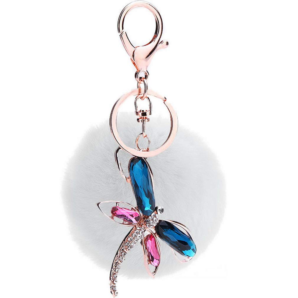 JK Home Dragonfly Pendant Ball Pom Pom Keychain for Car Phone Bag Toy White