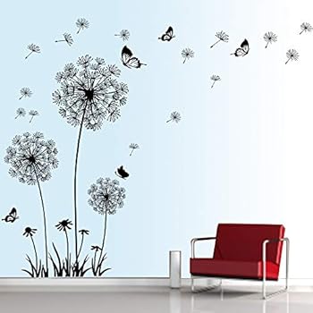 decalmile Dandelion Wall Decals Flying Flowers Butterflies Wall Stickers Dandelion Wall Art Living Room Bedroom Decor (Black)