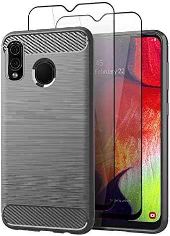 Teayoha Samsung Galaxy A20 Case with Tempered Glass Screen Protector [2 Pack], Carbon Fiber Scratch Resistant, Shock Absorption Soft TPU Drawing Protective Cases Cover for Galaxy A20/ A30 - Gray