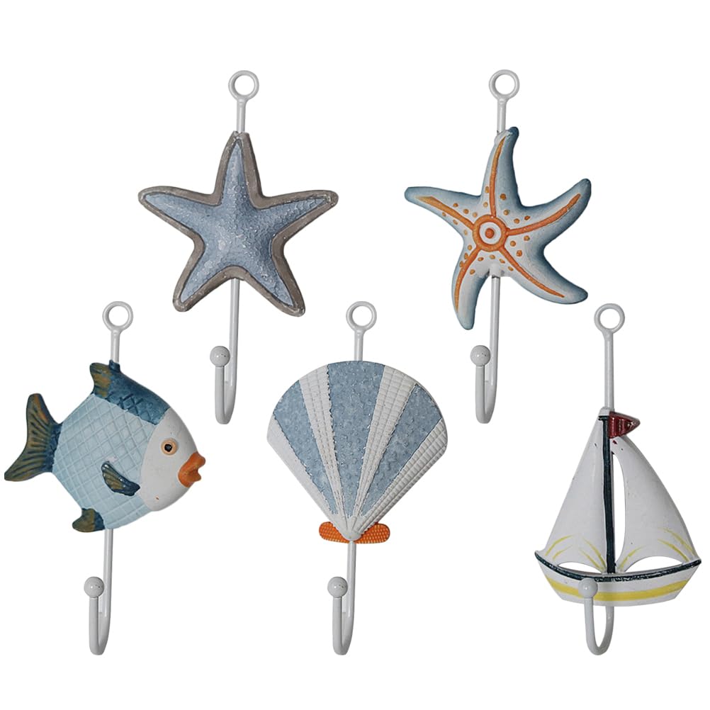 LIOOBO Single Coat Hooks Wall Mounted Decorative Fish Sea Star Shell Sailboat Coat Hanger Pack of 5