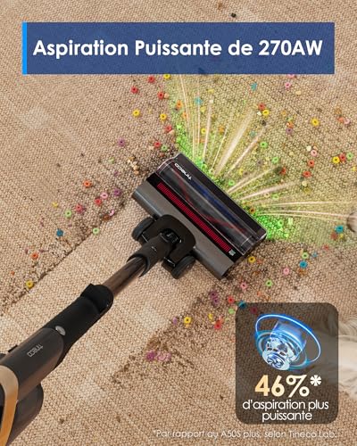 Tineco Pure One A90S Cordless Vacuum Cleaner, 270AW Vacuum, 105 Min Autonomy, 3DSense Master Brush, 150° Green LED Light, 180° Foldable, Suitable for Pet Hair/Carpet/Hard Floors
