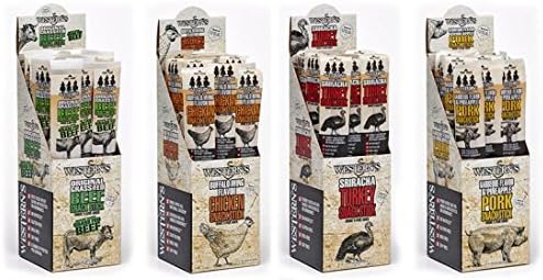 Snack Stick Variety Pack: MSG, Gluten and Soy Free. 6 Original Grass Fed Beef, 6 Buffalo Wing Chicken, 6 Sriracha Turkey and 6 BBQ Pork &amp; Pineapple (1-oz Sticks, 24-Count, Western's Smokehouse)