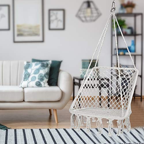Karriw Hammock Chair Macrame Swing, Cotton Hanging Swing Chair for Indoor, Outdoor, Garden, Home (White)
