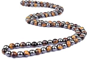 Joddfly Natural Stone Beaded Necklace 8mm Tiger Eye Black Obsidian and Hematite Buddha bead lucky necklace 26 Inches, Black and Brown Men and women necklaces fift