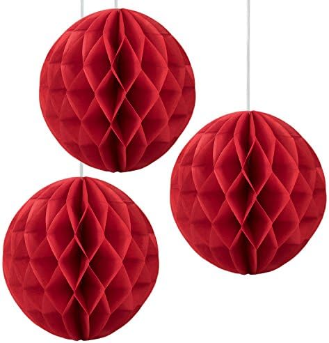 Floral Reef Set of 3 - 12" RED Tissue Paper Honeycomb Ball Pom Pom Flower Hanging Home Decoration Party Wedding