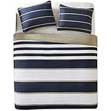 Comfort Spaces Verone 2 Piece Quilt Coverlet Bedspread Ultra Soft Microfiber Stripes Pattern Hypoallergenic Bedding Set, Twin/Twin XL, Blue White