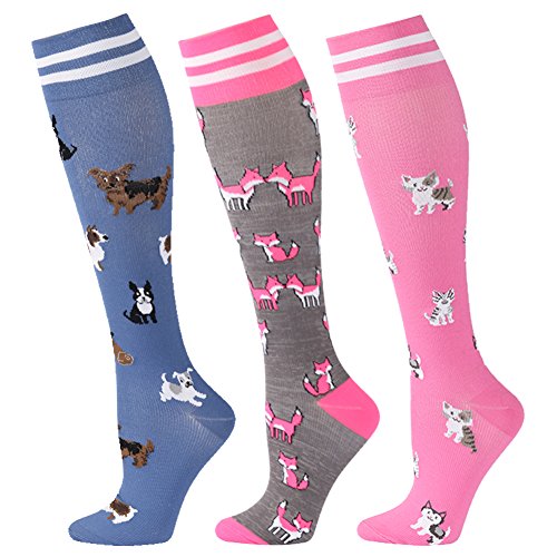 fenglaoda Compression Socks Women (Best Support,15-25mmhg,Knee High,Wide Calf,Colorful,Cute,Funny,Novelty,Graduated,Sports,Travel Stocking) (3pairs-dog/fox1/cat, Large/X Large)