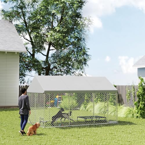 PawHut Large Dog Kennel, 13.1' x 7.5' x 7.8' Walk-in Heavy-Duty | Galvanized Steel Dog Run Chain Link, Safety Latch, Waterproof UV-Resistant Cover, Backyard Farm, Outdoor