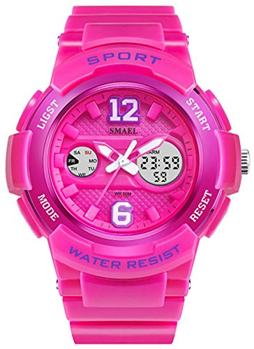 Fanmis Sport Watch Analog/Digital Water Resist Dual Time Alarm Led Girl's Wristwatch Dark Pink