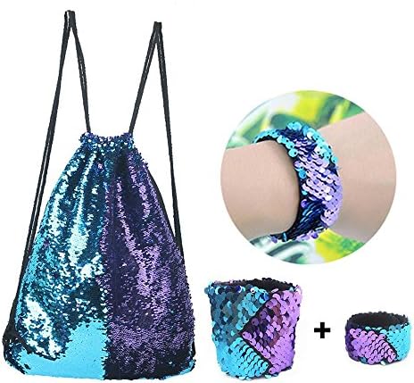 Mermaid Sequin Drawstring Backpack Glittering Fashion Bling Shining Bag Outdoor Sports Bag Dance Bag with Wristbands-onepalace (Blue/Purple)