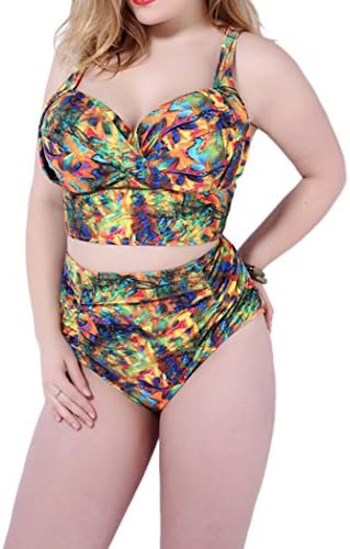 Yonas Women Printed Colorful Tankini Two Piece High Waist Plus Size Bikini Swimsuit(SIZE XXXXXL/YELLOW)