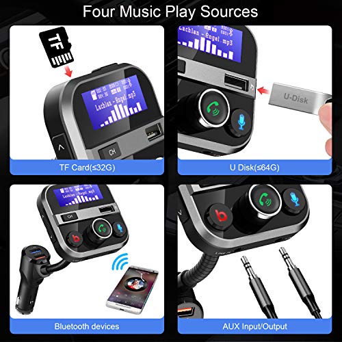 Car Bluetooth FM Transmitter FM Radio Adapter Handsfree Car Kit 1.7 Inch Screen with Bass Switch, 2.4A and QC3.0 USB Ports, Support for USB Drive, MicroSD, AUX Input/Output, TF Card Mp3 Player (Black)