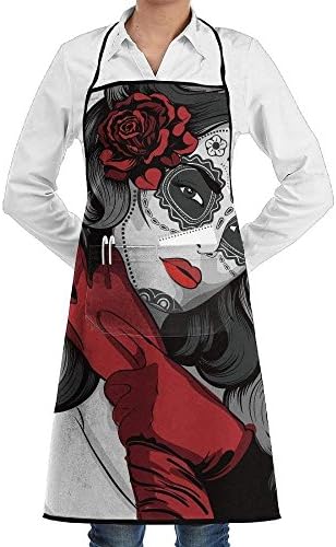 Grill Aprons Kitchen Chef Bib - Skulls Sexy Sugar Skull Lady With Mexican Style Floral Mask Evil Gothic Dead Art Professional For BBQ Baking Cooking For Men Women Pockets
