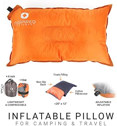 Inspired Equipment Camp Pillow by Camping, Backpack or hike light and sleep well - self-inflating travel pillow with cotton pillowcase - orange