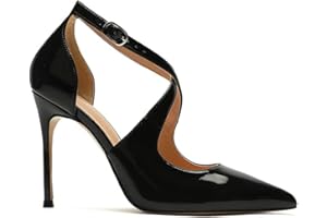 Women’s Pointed Toe Stiletto Heels, Patent Leather Pumps with Ankle Strap, 10cm High Heel Office Dress Shoes