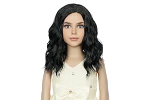 PATTNIUM Black Wig Kids Child Wig Short Wavy Wig Black Wig for Girls Black Bob Wig Synthetic Hair Cosplay Halloween Party Costume Daily Wear Wig (Black)