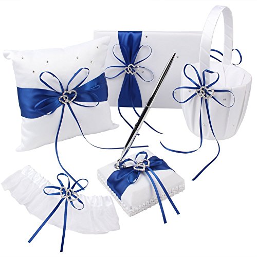 KANECH 5pcs Sets-Blue Satin-Wedding Flower Girl Basket and Ring Bearer Pillow Set (Ring Pillow + Flower Girl Basket + Wedding Guest Book +Pen Set + Garter Cover) - Thumbnail 5