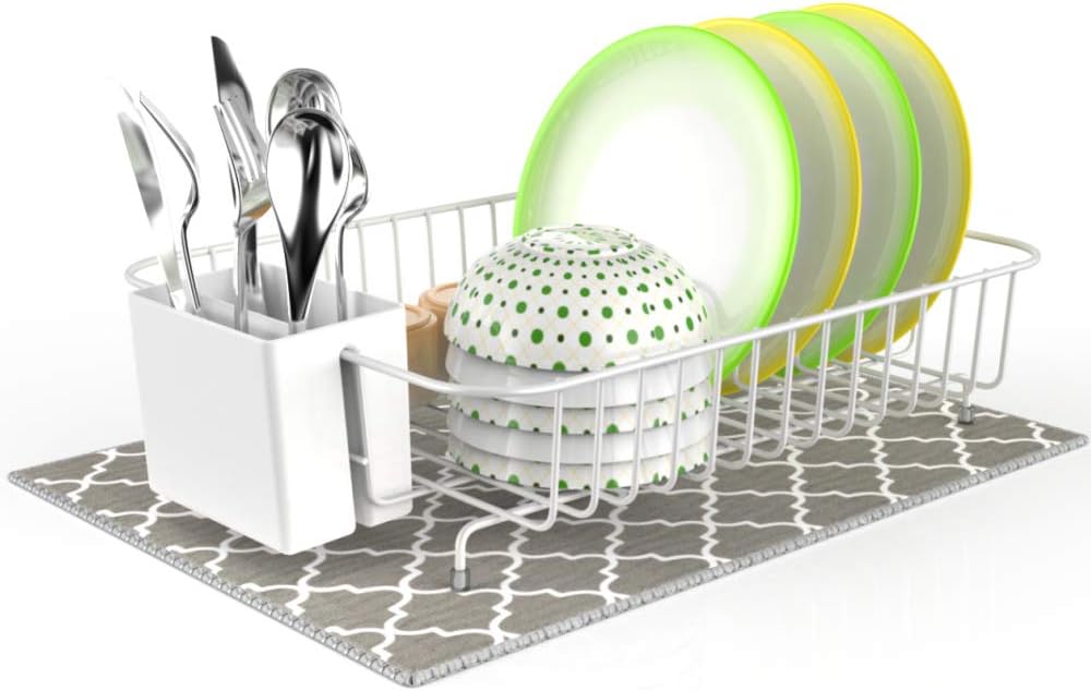 Dish Drying Rack, Veckle Dish Rack with Microfiber Dish Drainer Mat, Utensil Holder, Cutting Board Holder Dish Wire Rack for Kitchen Countertop, White