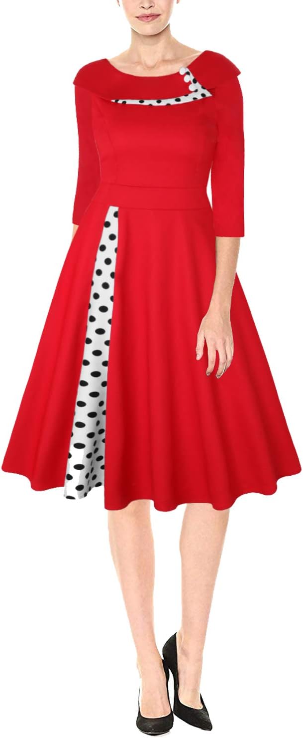 MISSJOY Women's Vintage 1950s 3/4 Sleeve Polka Dots Cocktail Party Dress
