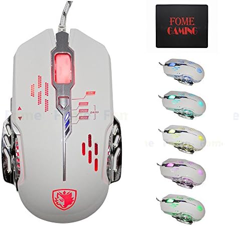 USB Wired Gaming Mouse, FOME GAMING Flash Wing Optical PC Gaming Mouse Mice 800/1200/1600/2400DPI 6 Buttons 6 LED Light Omron Micro Switches Compatible with Windows MAC White + FOME GAMING Mouse Pad
