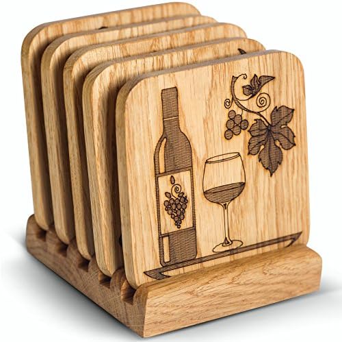 Coasters for Drinks with Holder - Set of 5 Wooden Coasters - Protect Your Furniture from Stains and Moisture, Fit any Size of Glassware - Great Gift Idea - Order Now