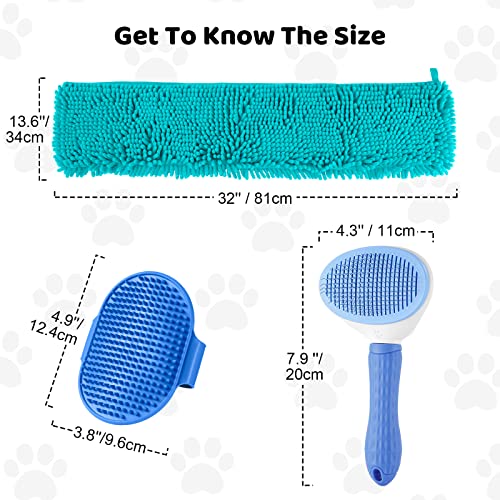 Odoland Quick Dry Towel for Dogs 3 in 1, Included Pet Grooming Brush, Dog Slicker Brush, Ultra Absorbent Microfiber Dog Towel, Pet Towel for Cat Dogs, Size for All Breeds Blue
