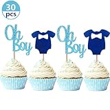 JeVenis Set of 30 Glittery Baby Boy Cupcake Toppers Blue Baby Jumpsuits Baby Shower Cupcake Toppers for Boy Birthday Party Decors Baby Shower Decors