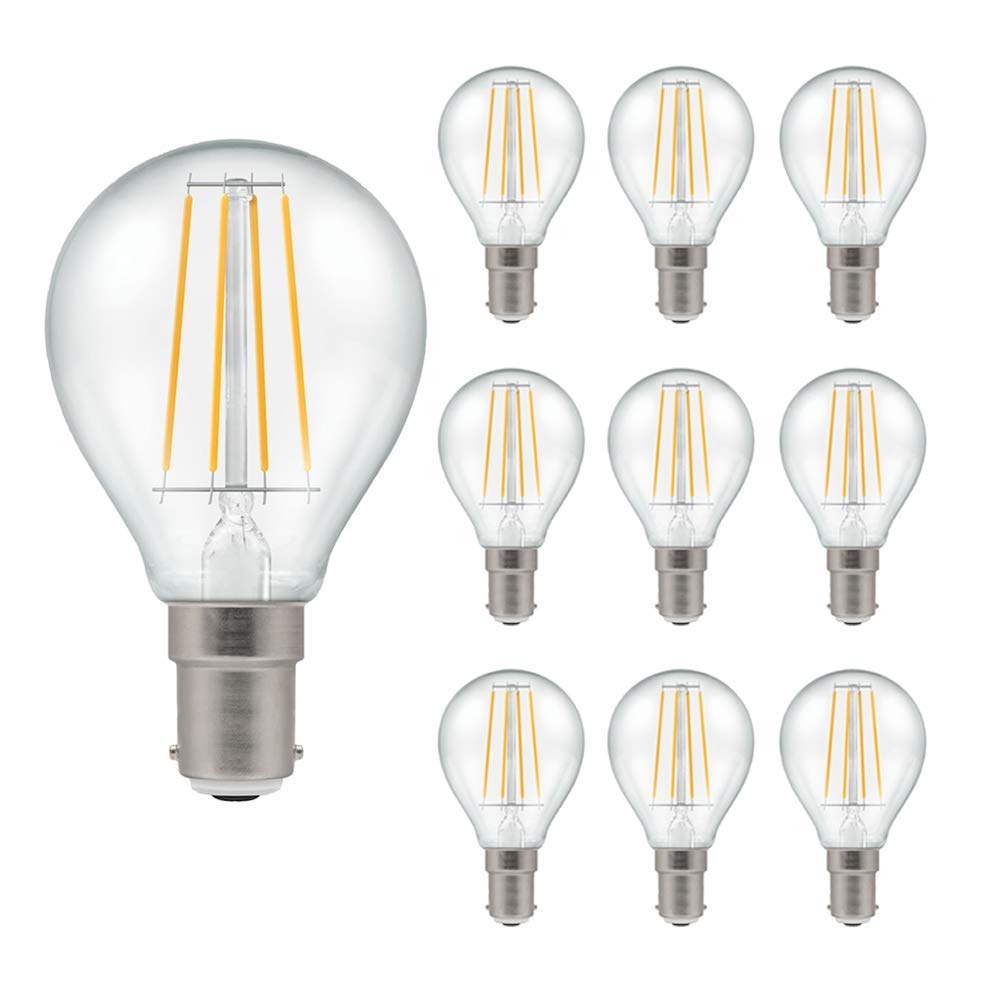 Pack of 10 x Crompton LED Dimmable Filament Golf Ball Light Bulb Clear 5W B15 SBC 2700K Warm