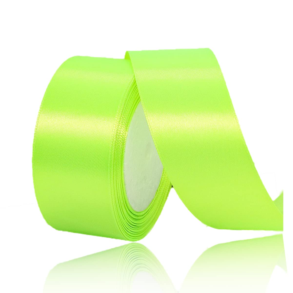 Fluorescent Green Ribbon 40mm, 23 Meters Neon Green Satin Fabric Present Ribbon for Crafting, Gift Wrapping, Balloons, Floral Bouquet, Cake Decoration, Hair Bows, Sewing, Baby Shower and Wedding Party — image 1
