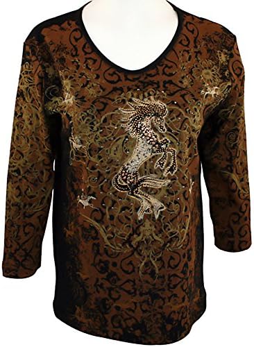 Cactus Bay Apparel, Rhinestones, V-Neck, Brown Cotton Top - Indian Pony