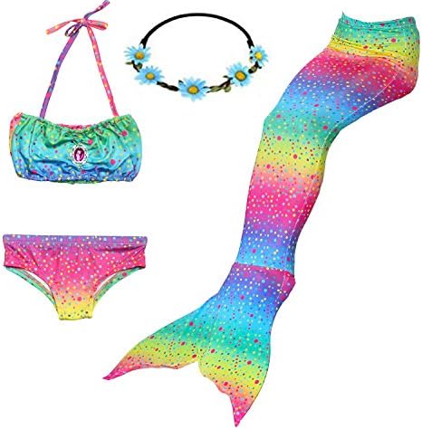 Chogial 3PCS Girls' Swimsuit Mermaid Tail for Swimming Princess Bikini Set Swimsuit Bathingsuit (130(6-8Y), Rainbow)