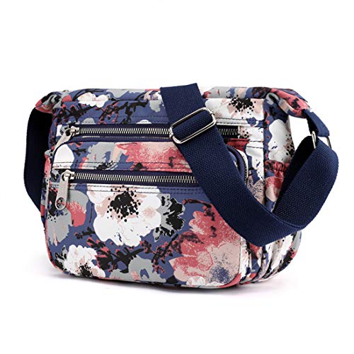Womens Nylon Floral Shoulder Bag Crossbody Bag Messenger Bags Travel Handbags With Adjustable Strap Waterproof (C Ink flower)