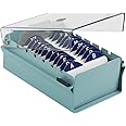 Acrimet Index Business Card Size File Holder Organizer Box Metal Base Heavy Duty (AZ Index Cards and Divider Included) (Green Color with Clear Crystal Plastic Lid Cover)