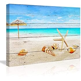 ArtHome520 Blue Sea Ocean Beach Canvas Print Wood Backgroud Wall Art Home Decor Starfish Shell Picture Bathroom Artwork… 51fWDEJ5e2L