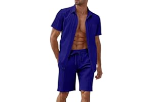 BEALIN Men's Short Sets 2 Piece Summer Beach Outfits Button Down Texture Pocket Shirts and Shorts Set
