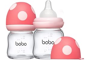 YOHKOH Natural Glass Baby Bottle with Natural Response Nipple, Newborn Anti-Colic Baby Bottles, Wide Neck Mushroom Cap Baby Bottle, Clear (3.4oz (Pack of 2), Red)