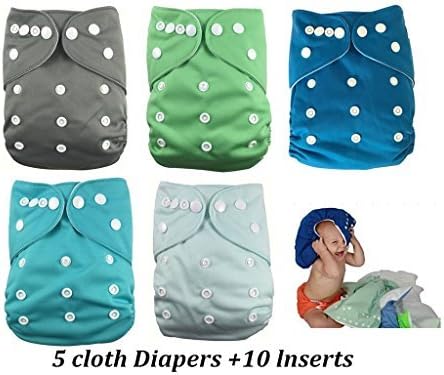 NOOYA Reusable Baby Cloth Diapers - Adjustable Snap One Size Cloth Pocket Diapers, 5 Pack Nappy Diaper Covers with 10 Absorbent Diaper Inserts(boys color)